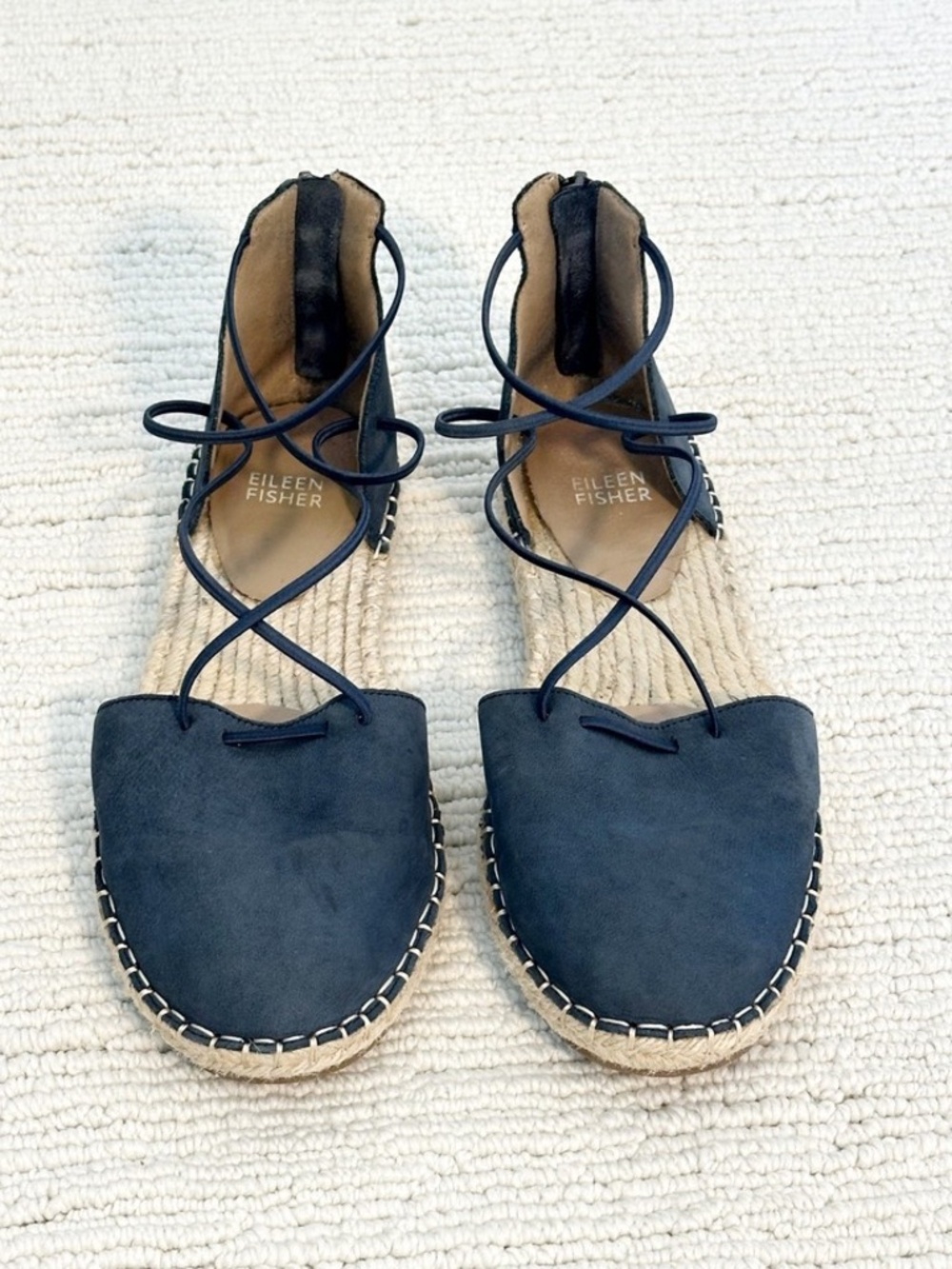 EILEEN FISHER Lace Women’s 7 Navy Blue Espadrille Flats Suede Old Money Casual - Picture 8 of 8